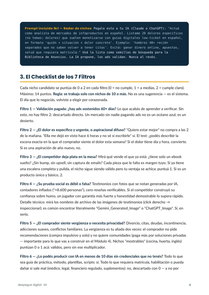 El checklist de 7 filtros, página real del Kit